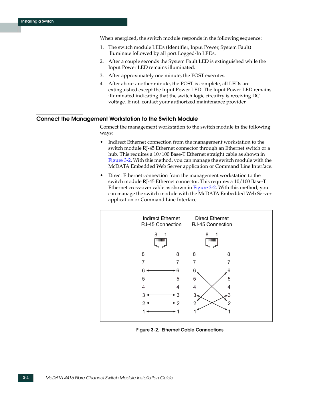 McDATA 4416 Connect the Management Workstation to the Switch Module, Indirect Ethernet Direct Ethernet RJ-45 Connection 