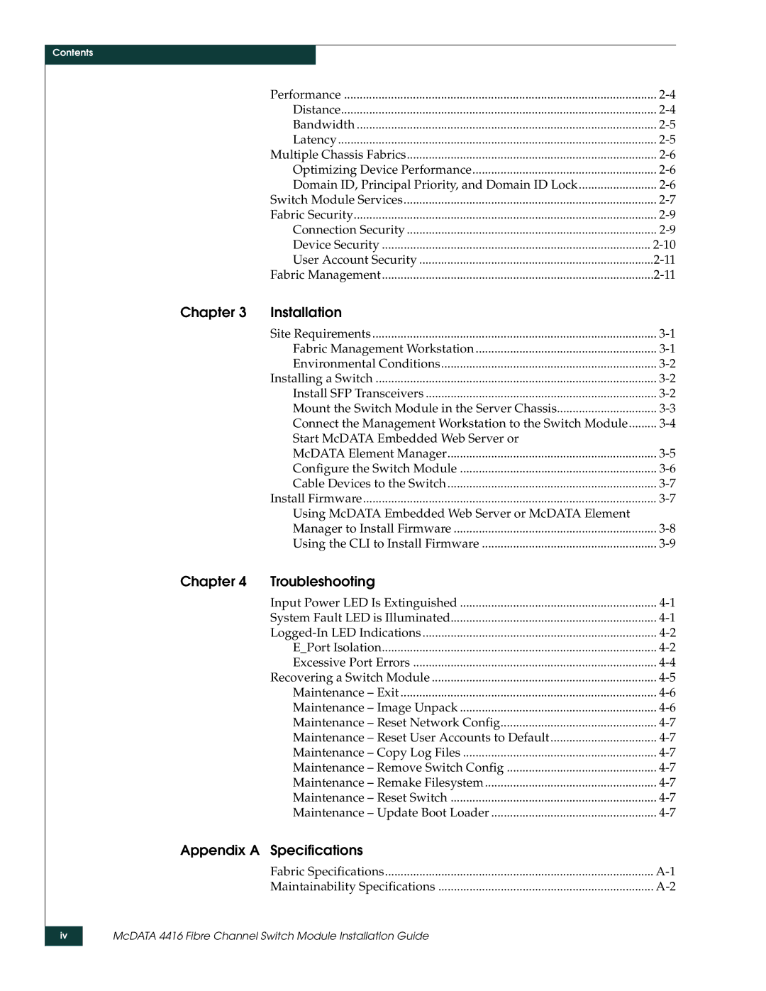 McDATA 4416 manual Chapter Installation, Chapter Troubleshooting, Appendix a Specifications 