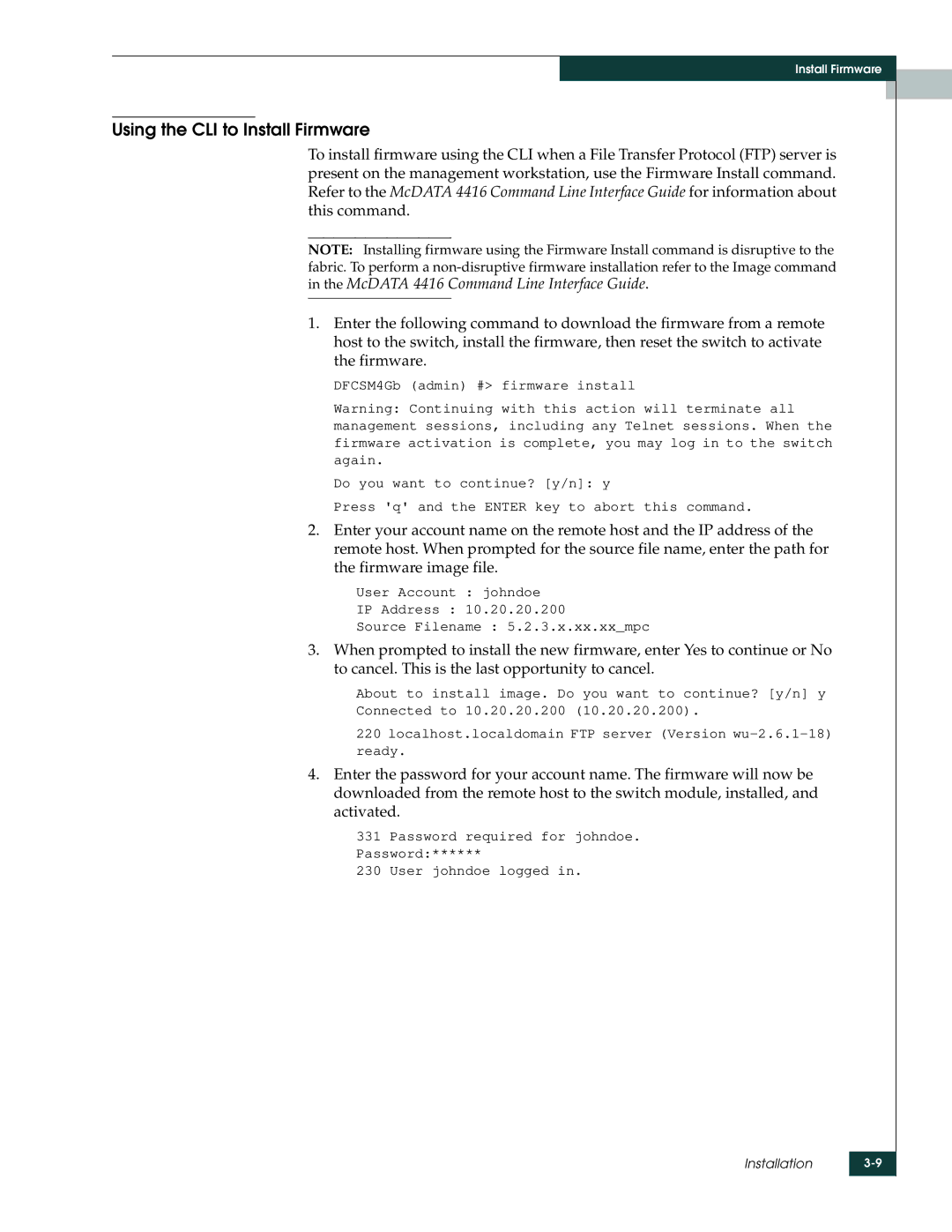 McDATA manual Using the CLI to Install Firmware, McDATA 4416 Command Line Interface Guide 