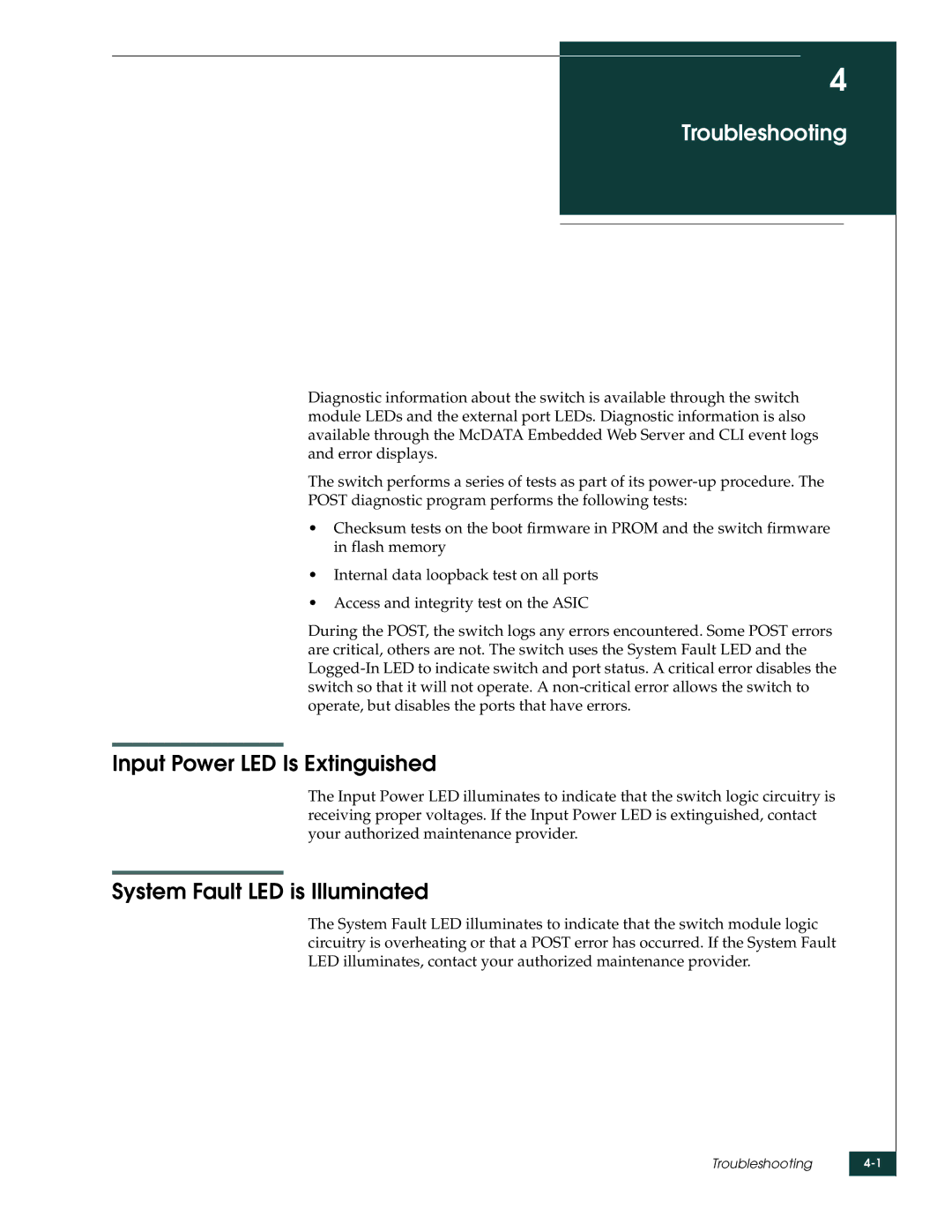 McDATA 4416 manual Troubleshooting, Input Power LED Is Extinguished, System Fault LED is Illuminated 