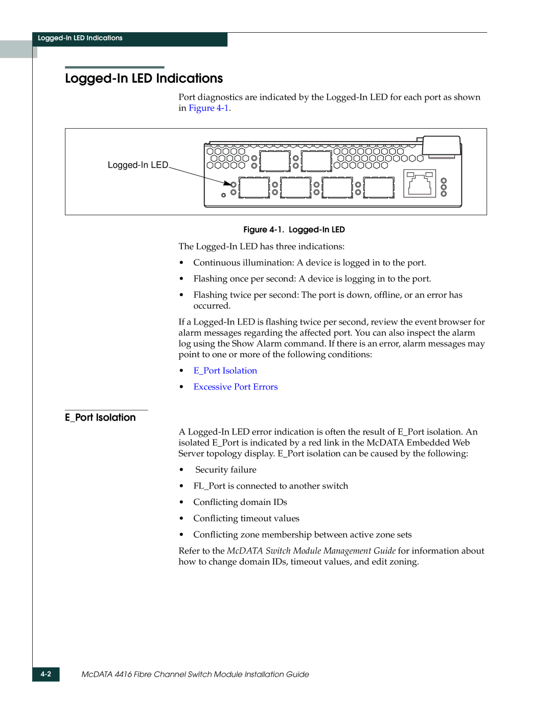 McDATA 4416 manual Logged-In LED Indications, EPort Isolation 