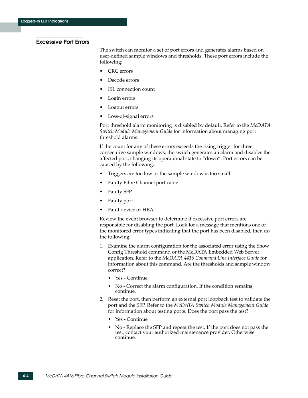 McDATA 4416 manual Excessive Port Errors 