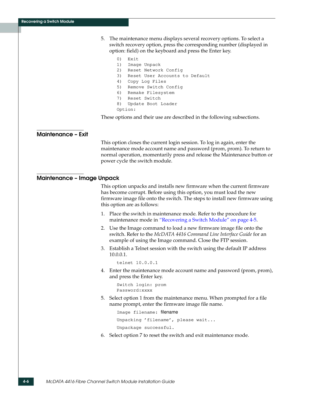 McDATA 4416 manual Maintenance Exit, Maintenance Image Unpack 