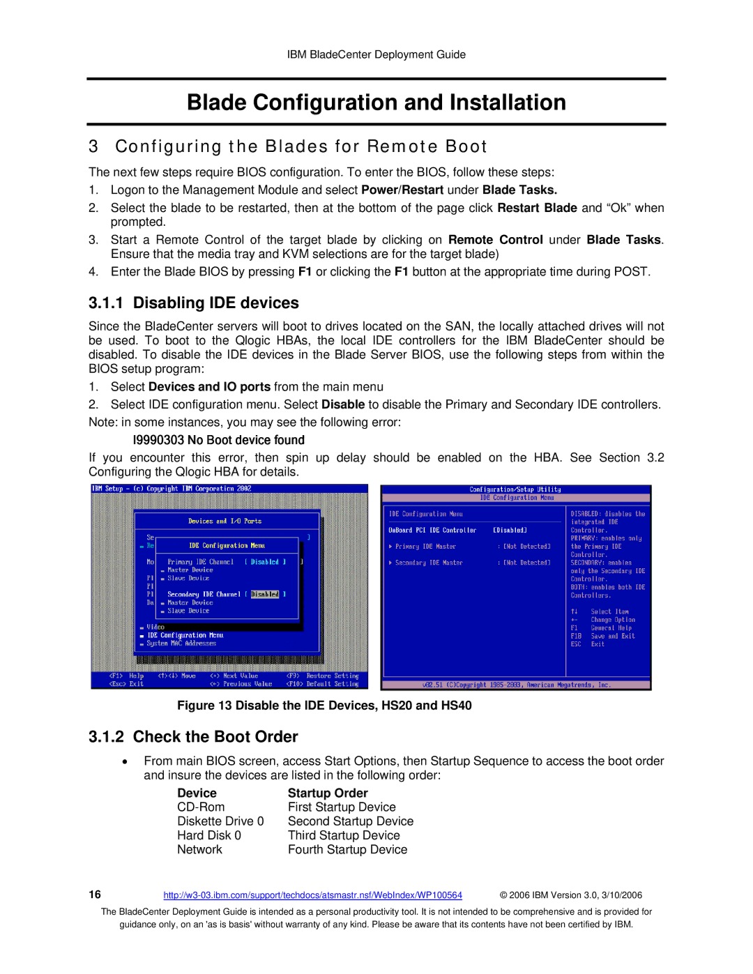 McDATA 8832 Configuring the Blades for Remote Boot, Disabling IDE devices, Check the Boot Order, Device Startup Order 