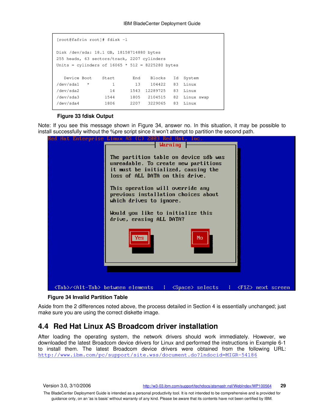 McDATA 8832 warranty Red Hat Linux AS Broadcom driver installation, Fdisk Output 