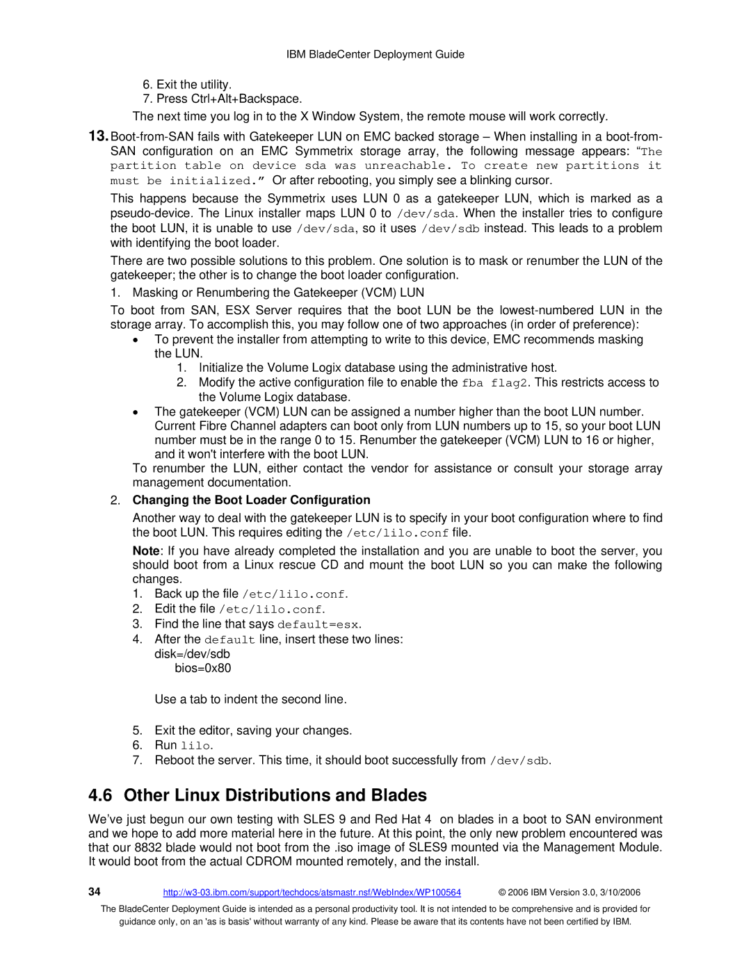 McDATA 8832 warranty Other Linux Distributions and Blades, Changing the Boot Loader Configuration 