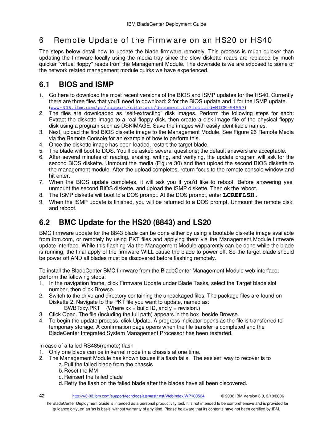 McDATA 8832 warranty Remote Update of the Firmware on an HS20 or HS40, Bios and Ismp, BMC Update for the HS20 8843 and LS20 