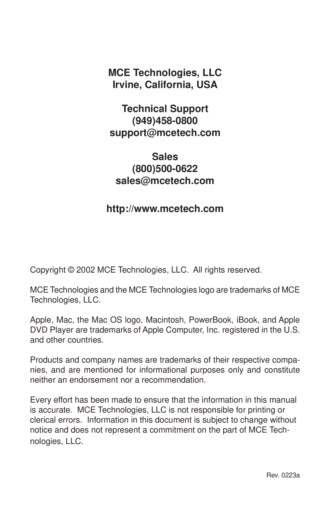 MCE Technologies G4 manual Rev a 