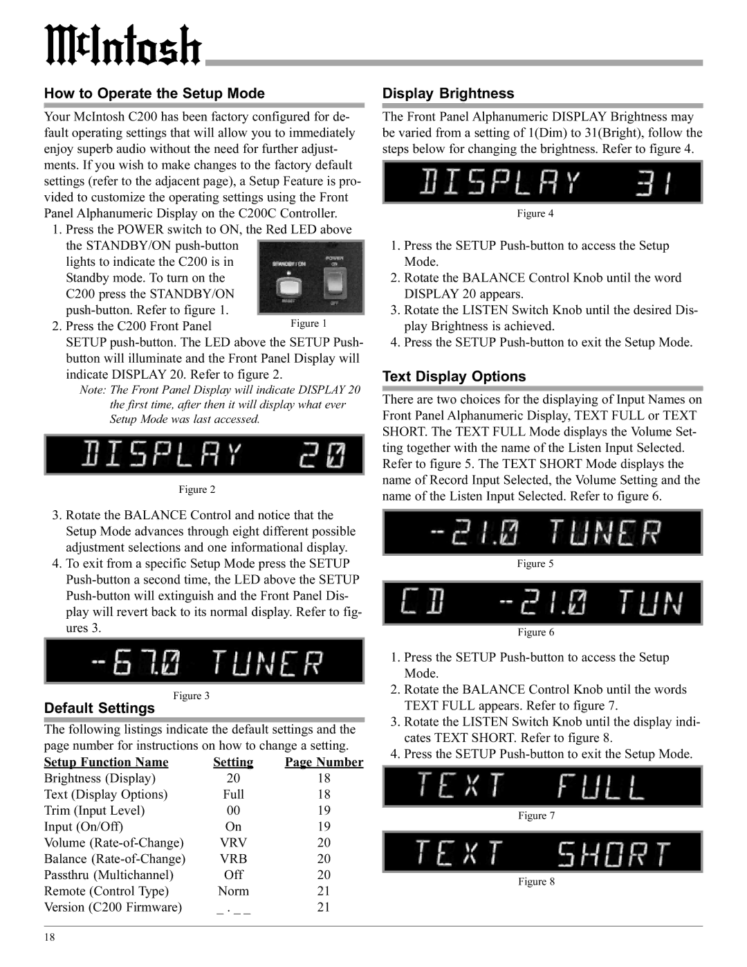 McIntosh C200 manual How to Operate the Setup Mode, Default Settings, Display Brightness, Text Display Options 