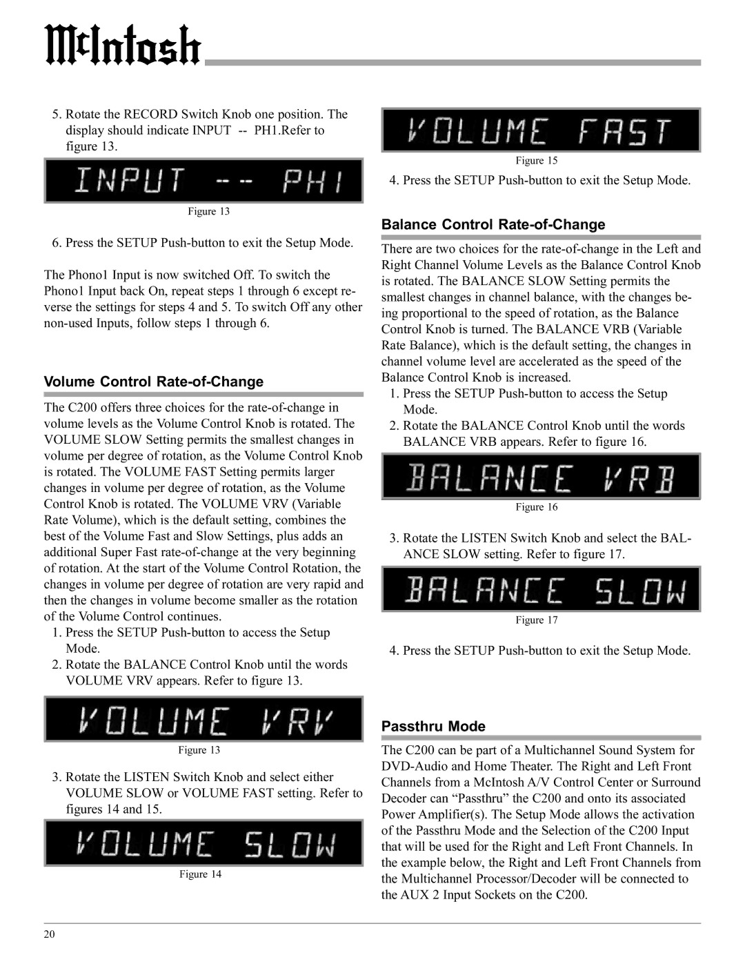 McIntosh C200 manual Volume Control Rate-of-Change, Balance Control Rate-of-Change, Passthru Mode 