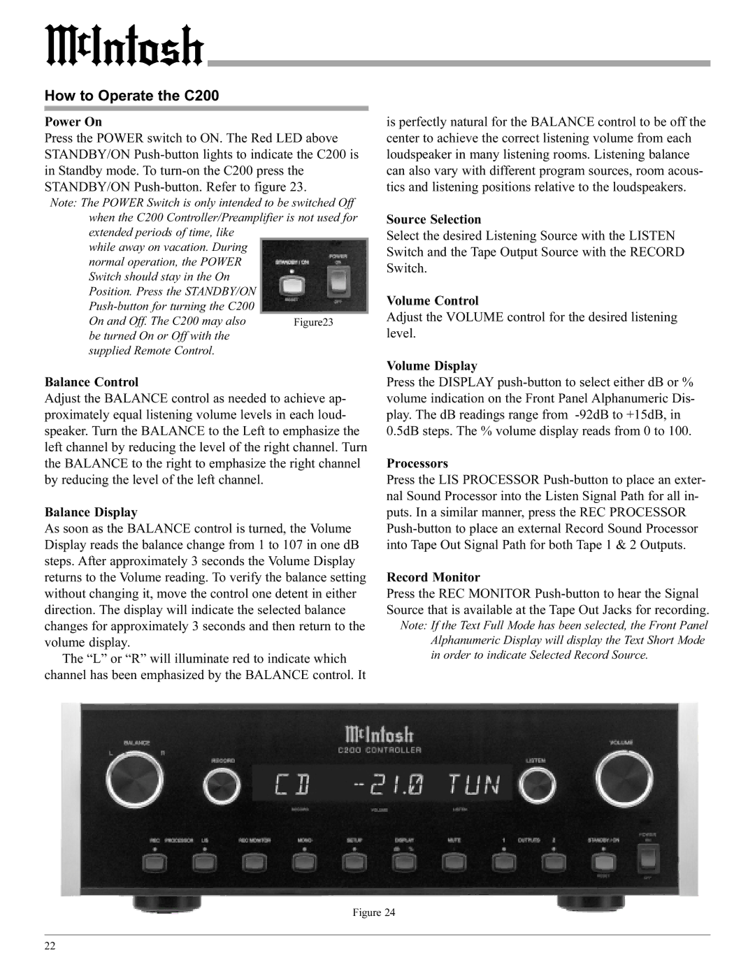 McIntosh manual How to Operate the C200 