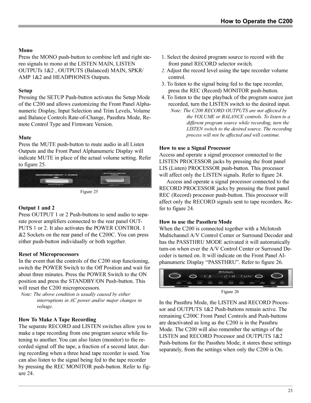 McIntosh C200 Mono, Mute, Output 1, Reset of Microprocessors, How To Make a Tape Recording, How to use a Signal Processor 