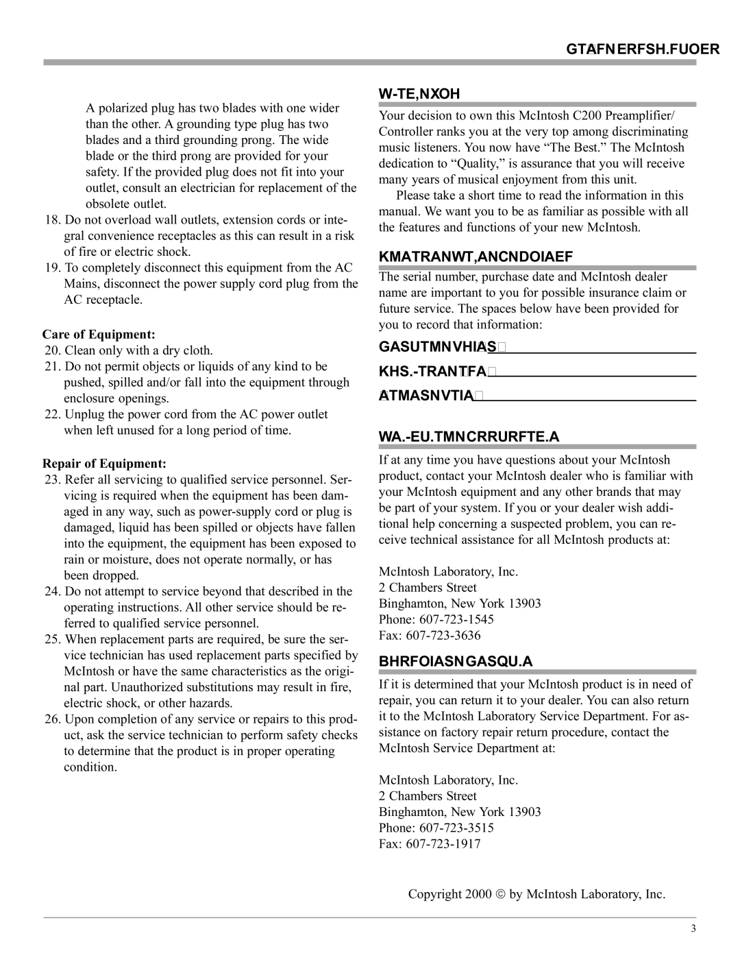 McIntosh C200 manual Safety Instructions, Thank You, Please Take a Moment, Customer Service 