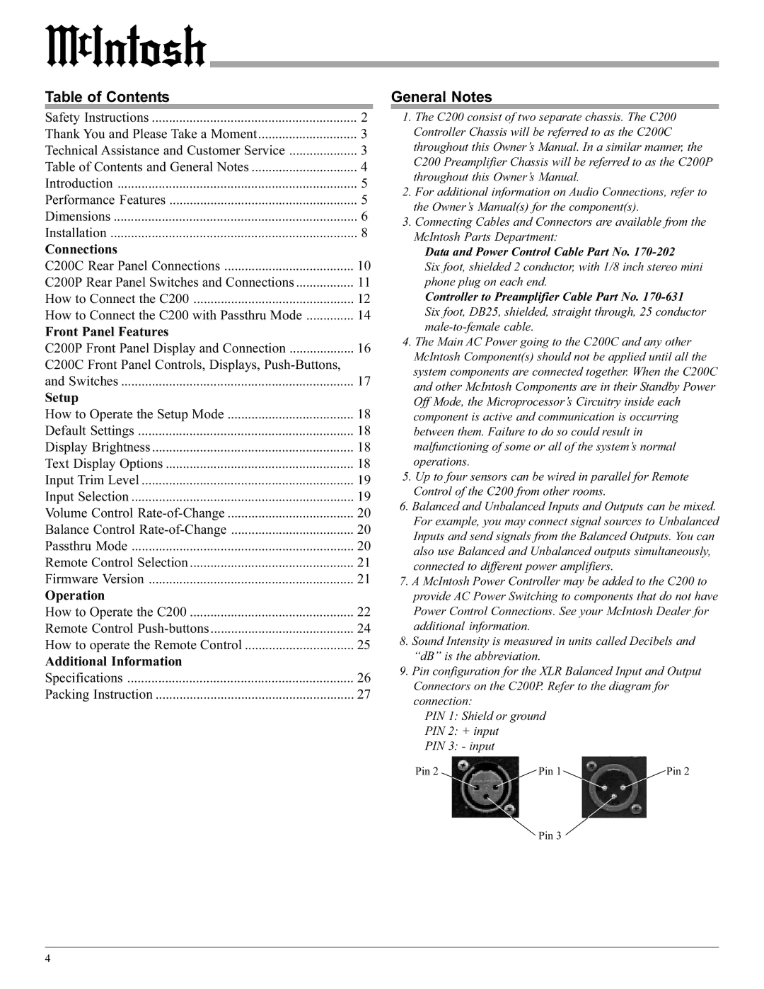 McIntosh C200 manual Table of Contents, General Notes 