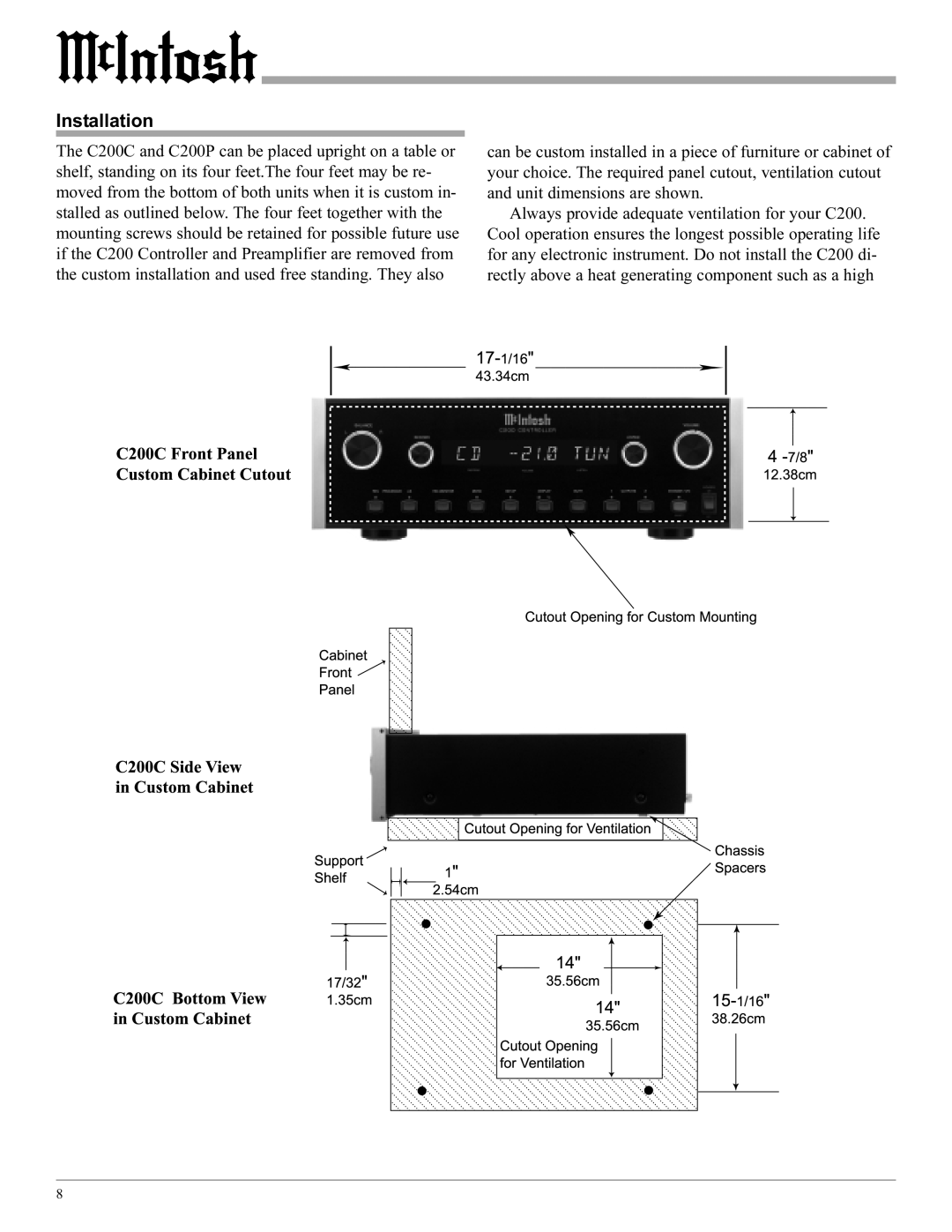 McIntosh C200 manual Shelf, Installation 