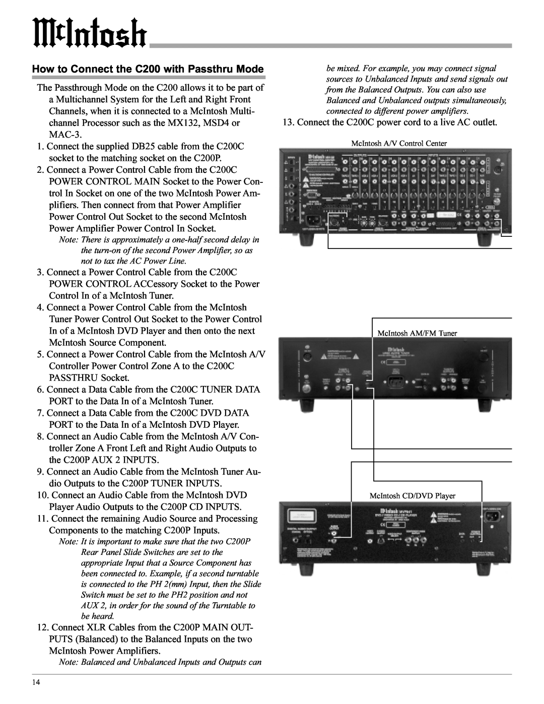 McIntosh manual How to Connect the C200 with Passthru Mode, McIntosh A/V Control Center McIntosh AM/FM Tuner 