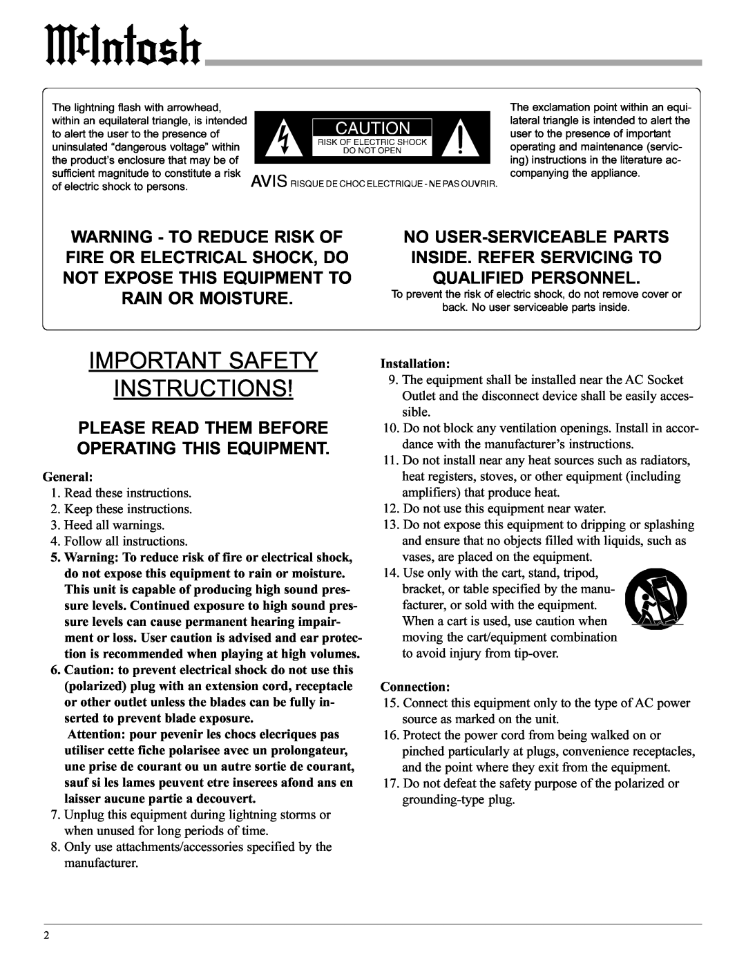 McIntosh C200 manual Important Safety Instructions, Please Read Them Before Operating This Equipment 