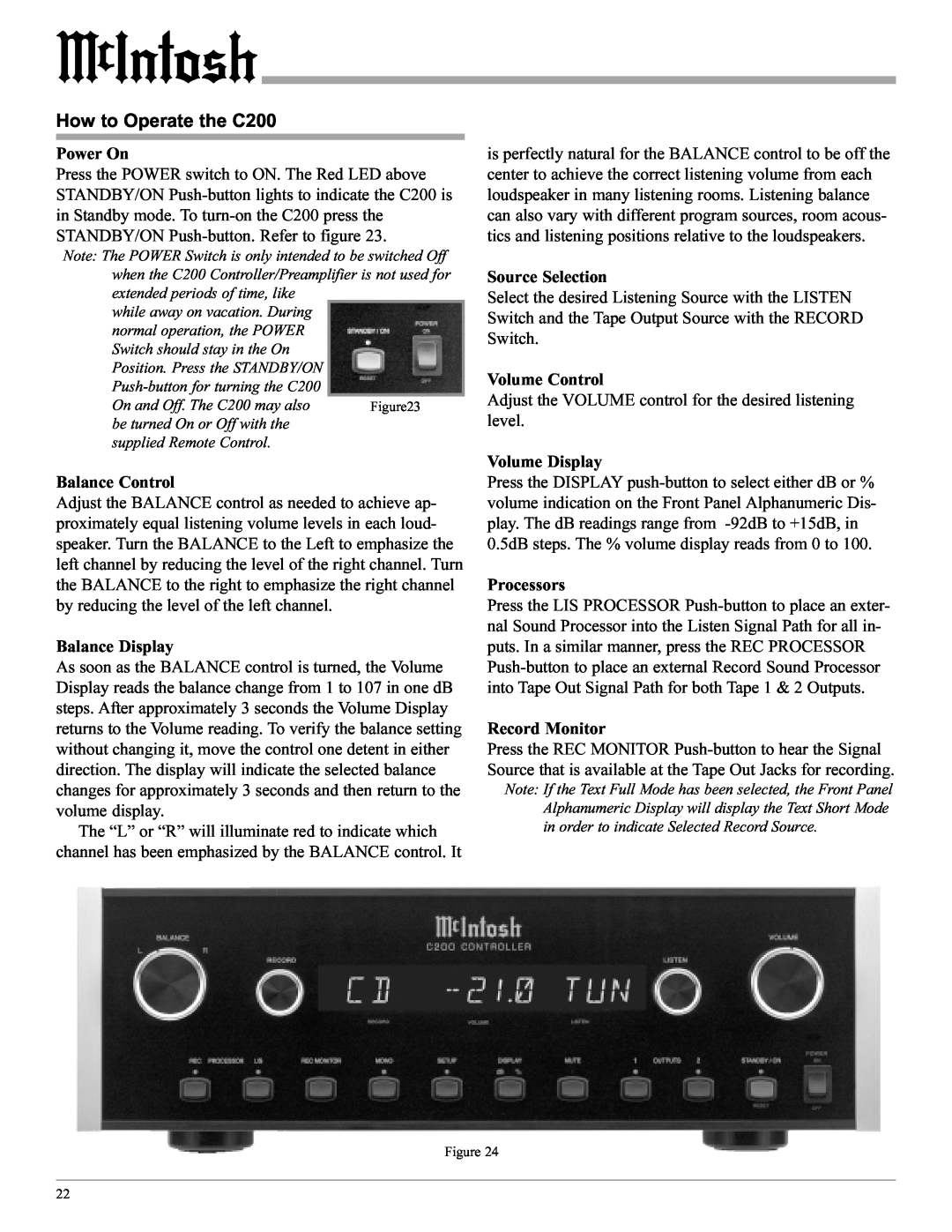 McIntosh manual How to Operate the C200, Power On, Balance Control, Balance Display, Source Selection, Volume Control 