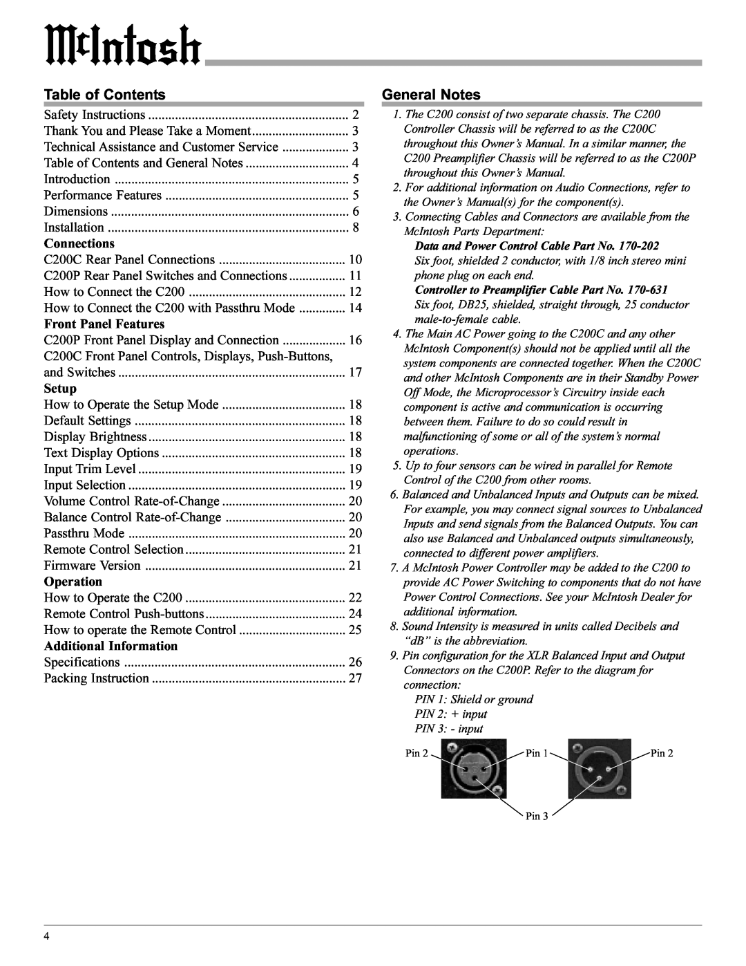 McIntosh C200 manual Table of Contents, General Notes, Connections, Front Panel Features, Setup, Operation 