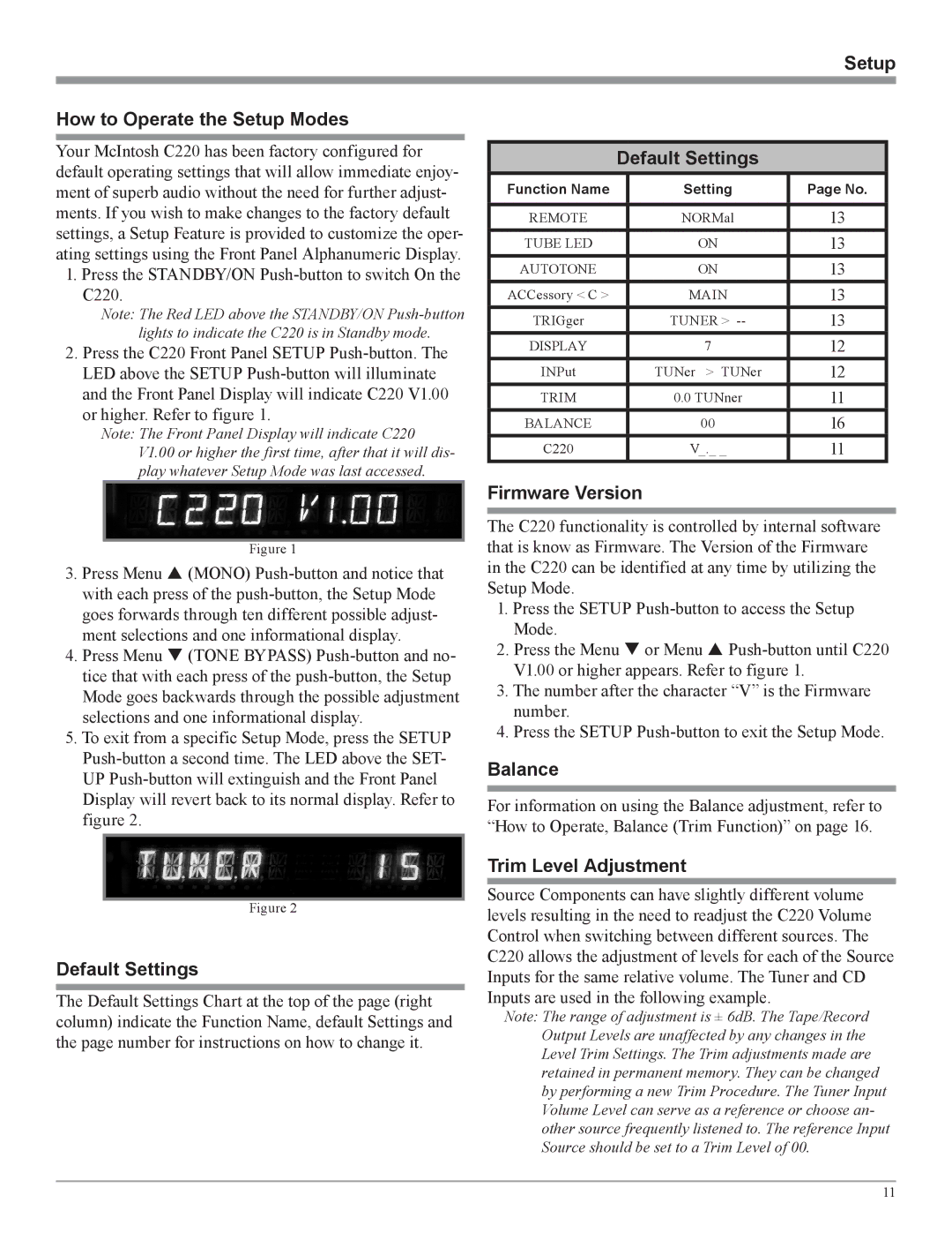 McIntosh C220 Setup How to Operate the Setup Modes, Default Settings, Firmware Version, Balance, Trim Level Adjustment 