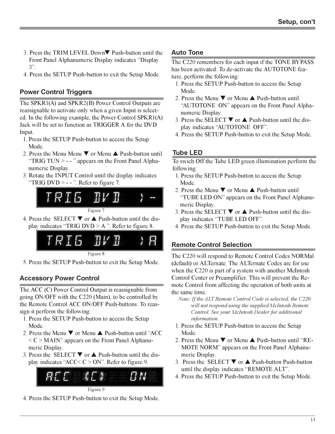 McIntosh C220 Setup, con’t, Auto Tone, Power Control Triggers, Tube LED, Accessory Power Control, Remote Control Selection 