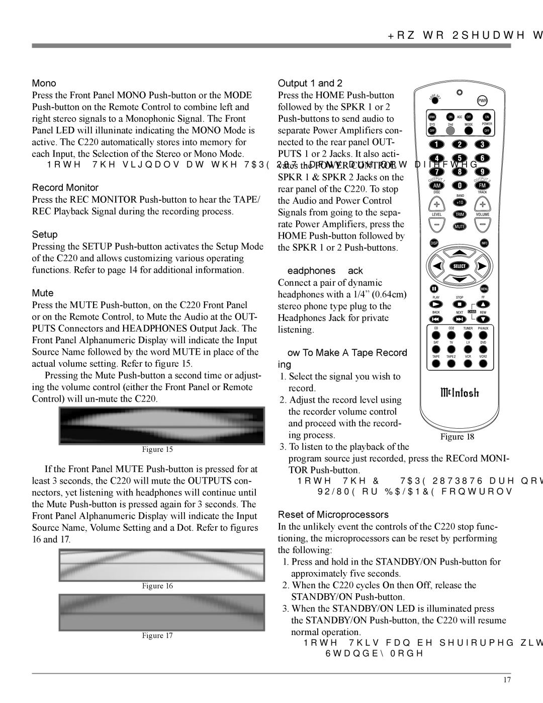 McIntosh C220 owner manual Mono, Record Monitor, Output 1, Reset of Microprocessors 