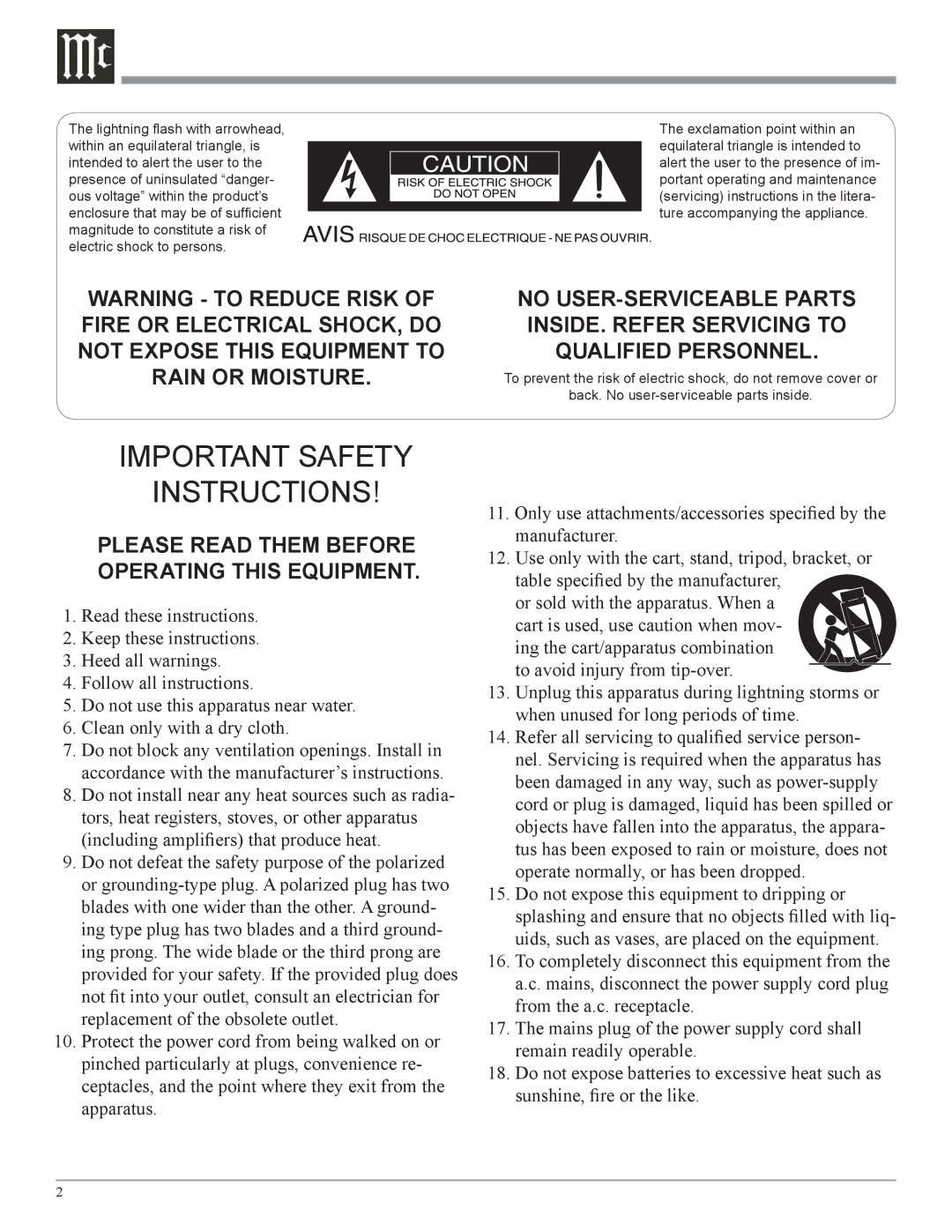 McIntosh C220 owner manual Important Safety Instructions 