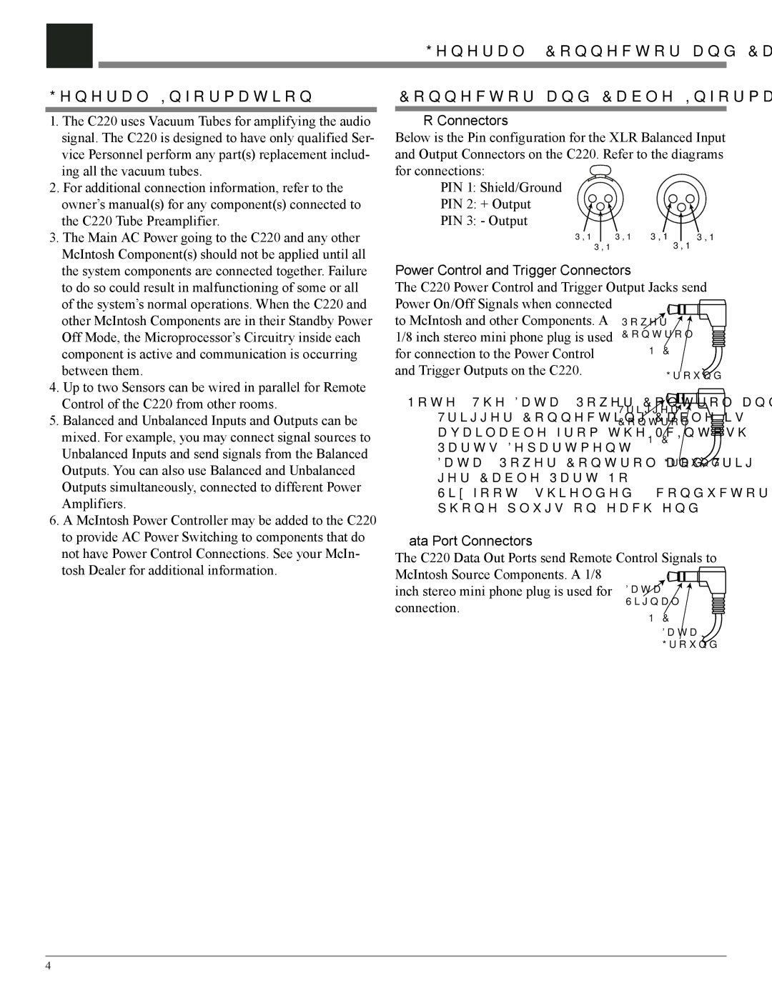 McIntosh C220 owner manual XLR Connectors, Data Port Connectors 