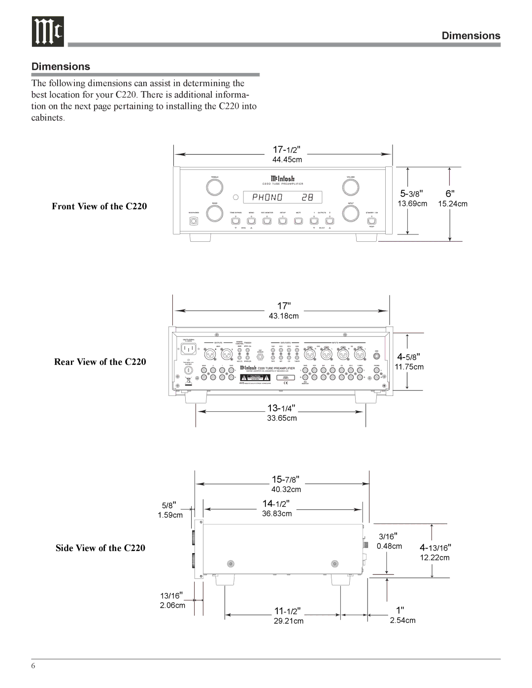 McIntosh owner manual Dimensions, Front View of the C220, Rear View of the C220, Side View of the C220 