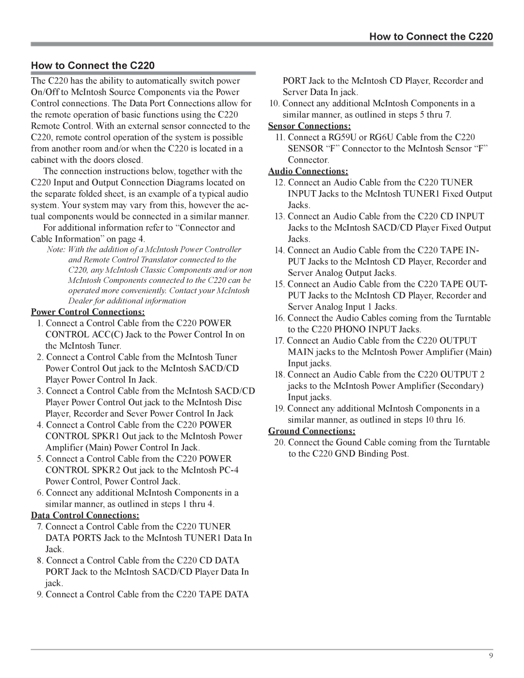 McIntosh owner manual How to Connect the C220 