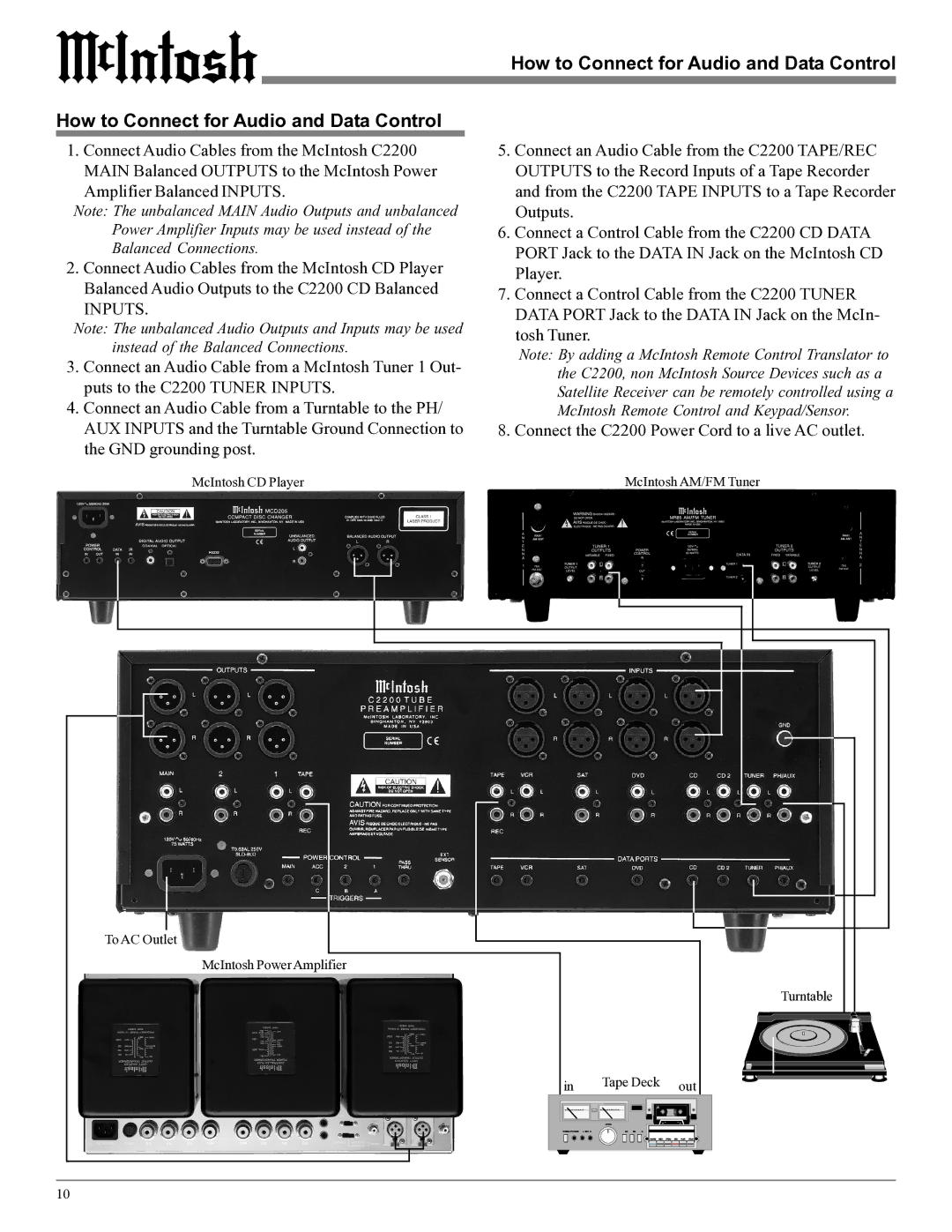 McIntosh C2200 owner manual How to Connect for Audio and Data Control, Amplifier Balanced Inputs 