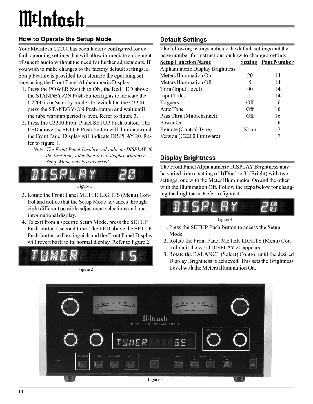 McIntosh C2200 How to Operate the Setup Mode, Default Settings, Display Brightness, Setup Function Name Setting 