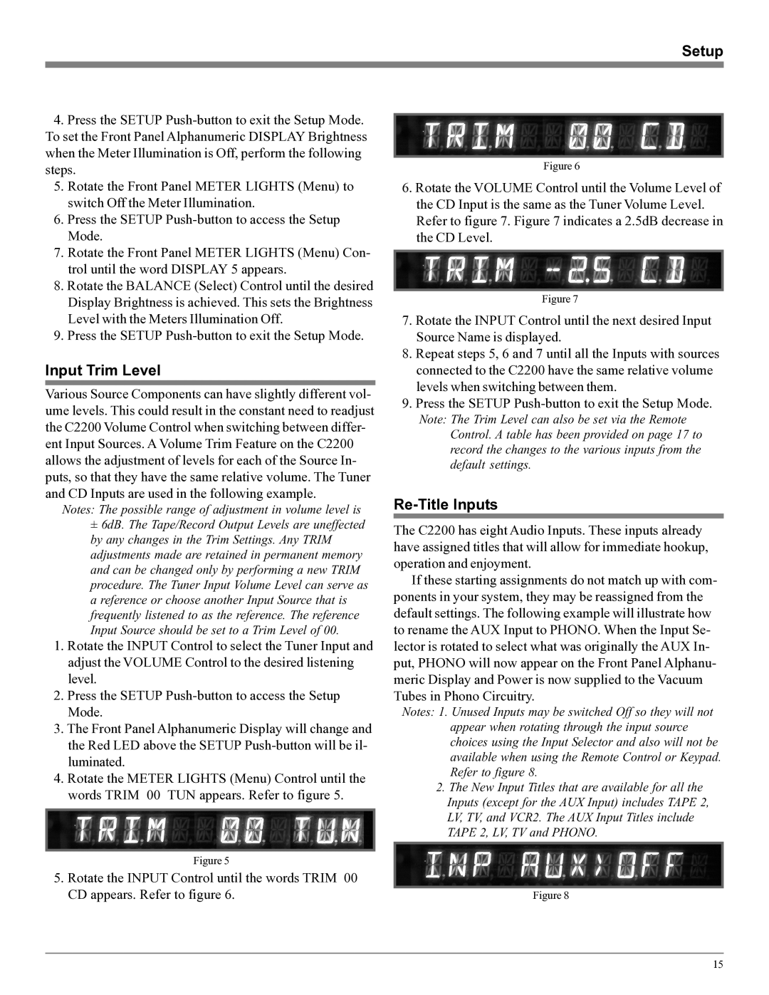 McIntosh C2200 owner manual Setup, Input Trim Level, Re-Title Inputs 