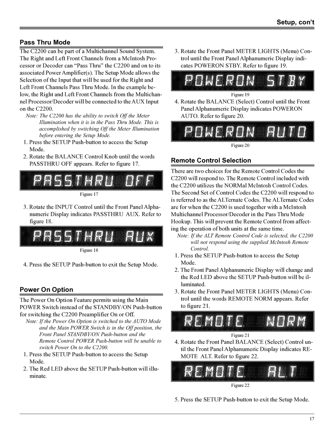 McIntosh C2200 owner manual Setup, con’t Pass Thru Mode, Power On Option, Remote Control Selection 
