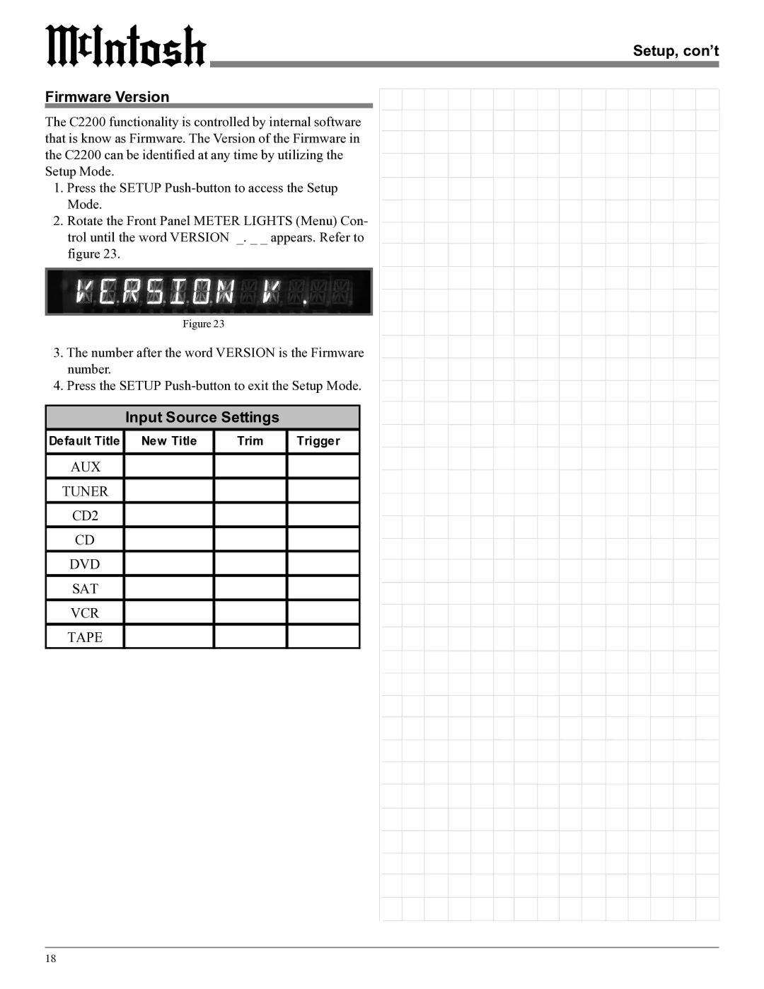 McIntosh C2200 owner manual Setup, con’t Firmware Version, Input Source Settings 