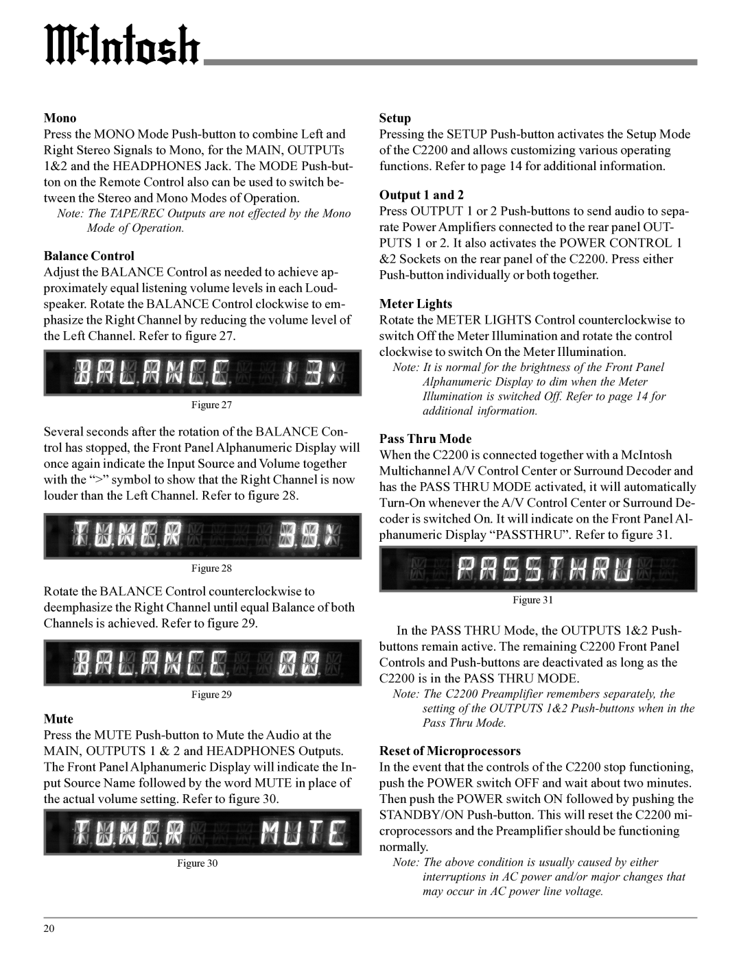 McIntosh C2200 owner manual Mono, Balance Control, Mute, Output 1, Meter Lights, Pass Thru Mode, Reset of Microprocessors 