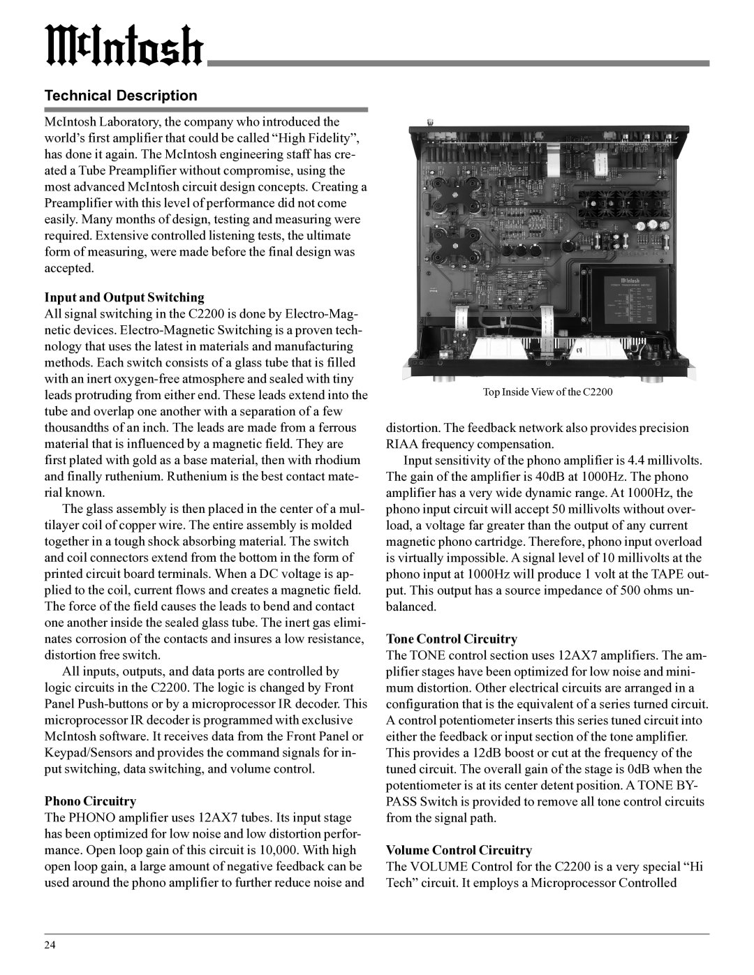 McIntosh C2200 owner manual Technical Description, Input and Output Switching, Phono Circuitry, Tone Control Circuitry 