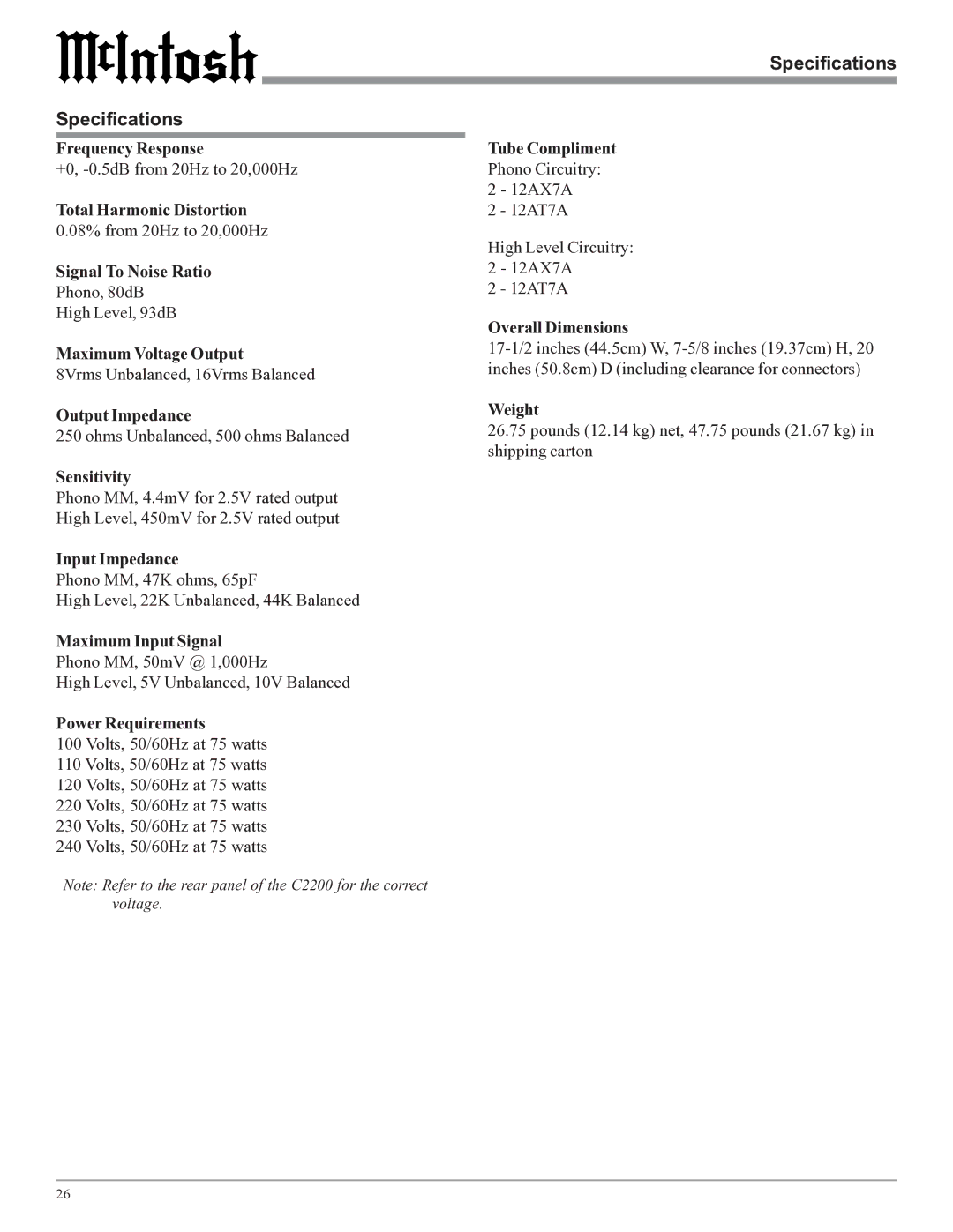 McIntosh C2200 owner manual Specifications 