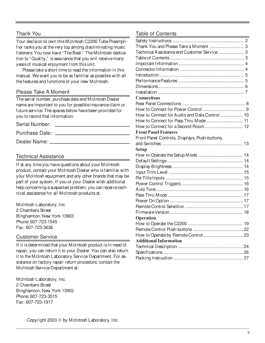 McIntosh C2200 owner manual Thank You, Please Take a Moment, Customer Service, Table of Contents 