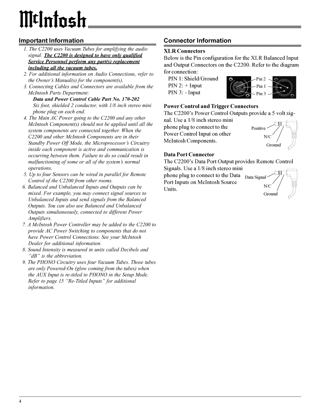 McIntosh C2200 Important Information, Connector Information, XLR Connectors, Power Control and Trigger Connectors 