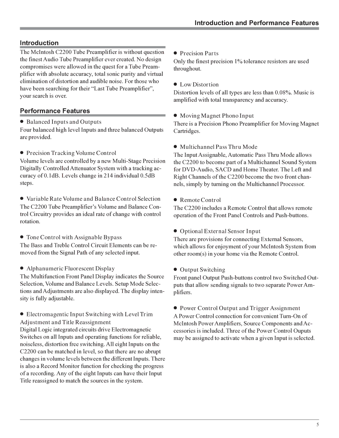 McIntosh C2200 owner manual Introduction and Performance Features 