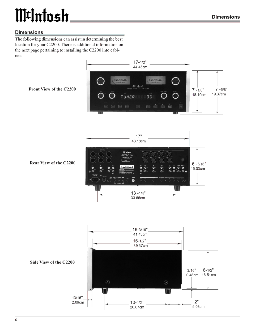 McIntosh owner manual Dimensions, Front View of the C2200, Rear View of the C2200, Side View of the C2200 