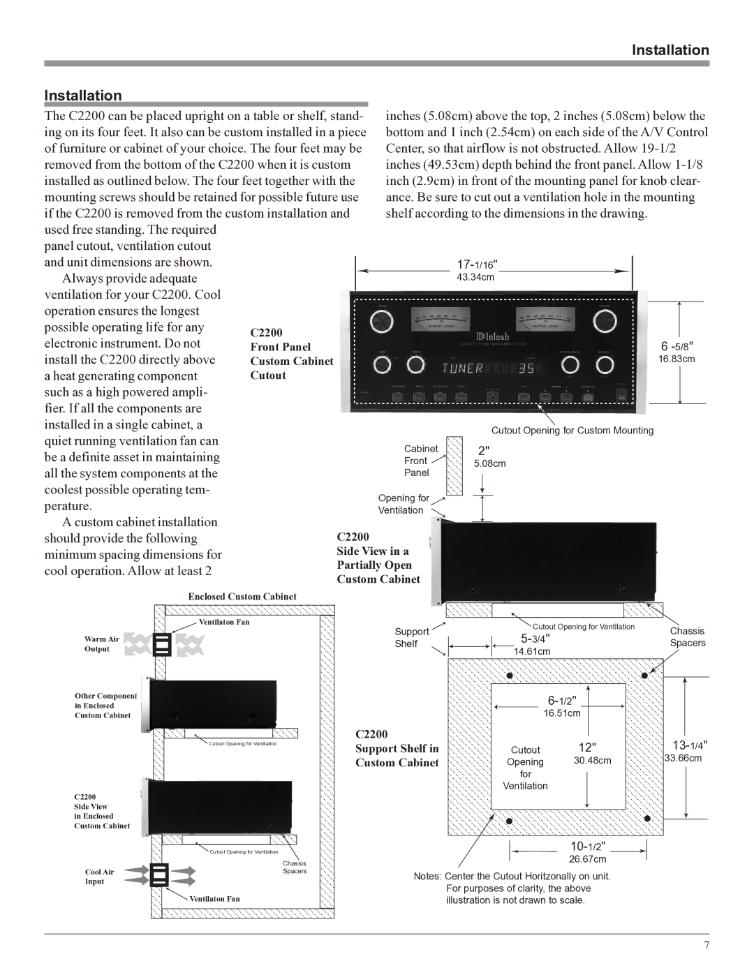 McIntosh C2200 owner manual Installation, Enclosed Custom Cabinet 