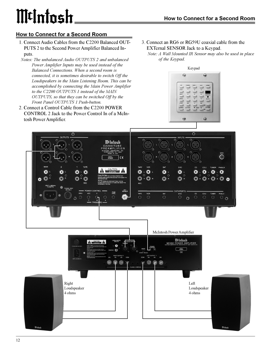 McIntosh C2200 owner manual How to Connect for a Second Room 