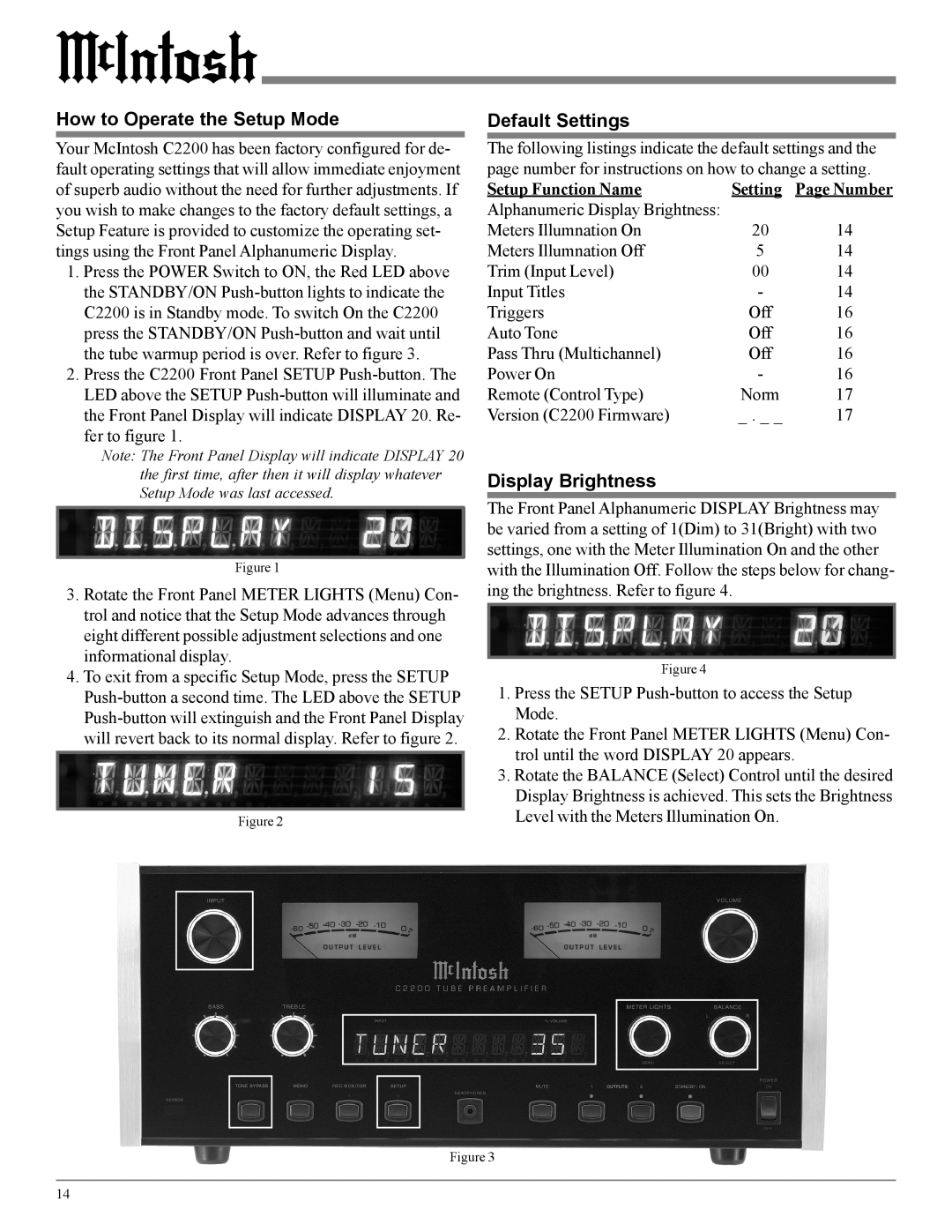 McIntosh C2200 owner manual How to Operate the Setup Mode, Default Settings, Display Brightness, Setup Function Name 