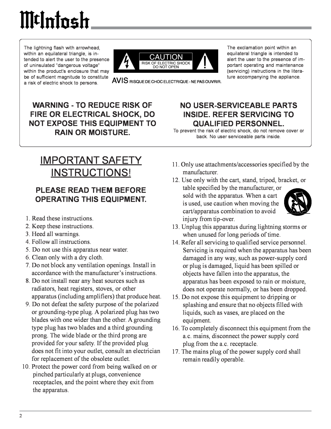 McIntosh C2200 owner manual Important Safety Instructions 