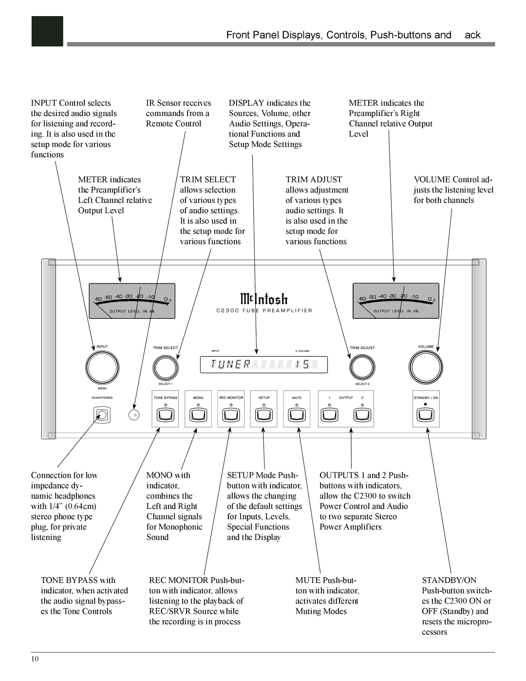 McIntosh C2300 owner manual Front Panel Displays, Controls, Push-buttons and Jack, Trim Select Trim Adjust 