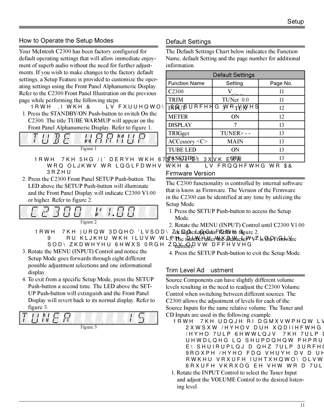 McIntosh C2300 owner manual Setup How to Operate the Setup Modes, Default Settings, Firmware Version, Trim Level Adjustment 