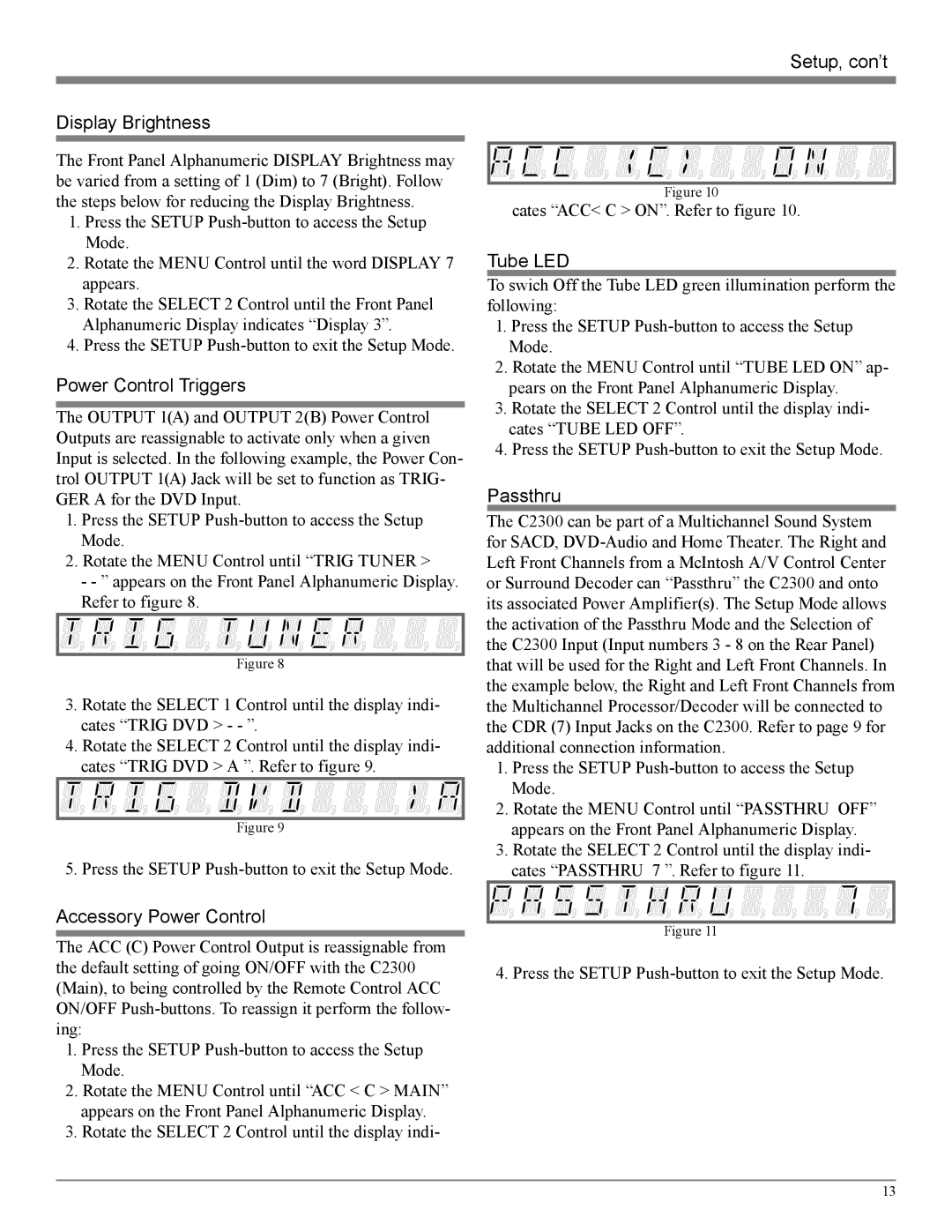McIntosh C2300 Setup, con’t Display Brightness, Power Control Triggers, Accessory Power Control, Tube LED, Passthru 