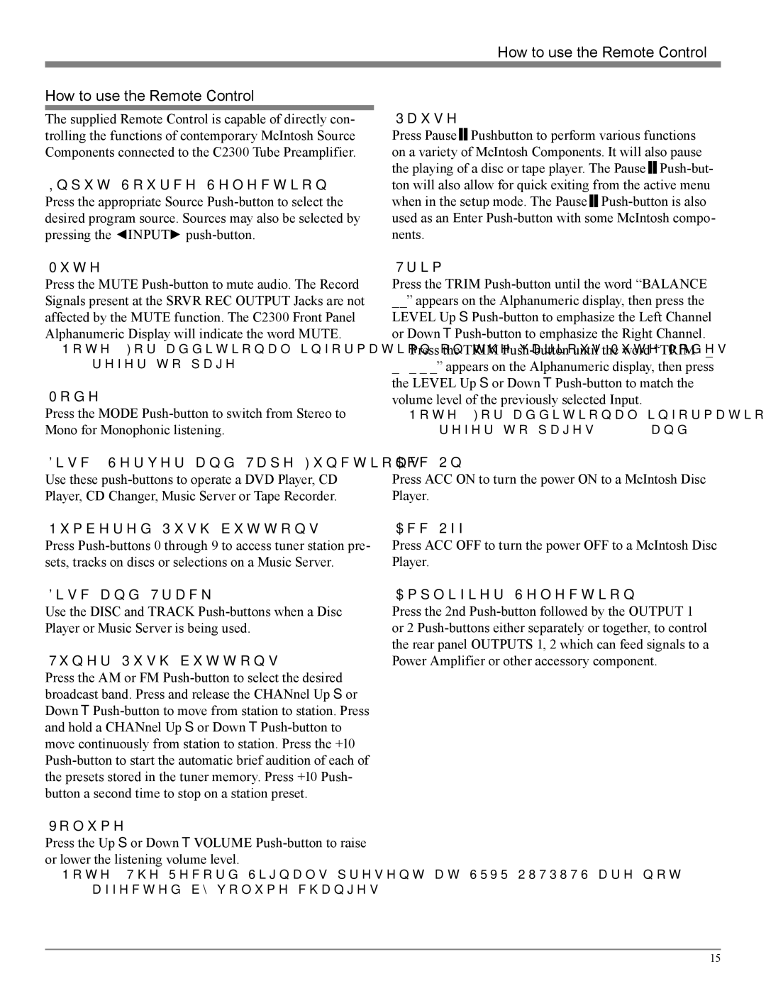 McIntosh C2300 owner manual How to use the Remote Control 